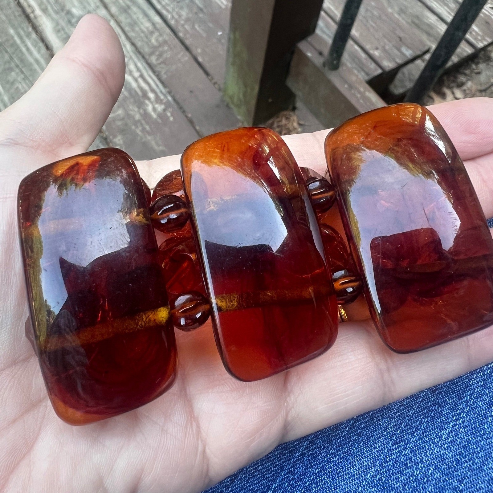 Vtg Chunky Faux Amber Resin Stretch Bracelet Congnac Brown Lucite Acrylic