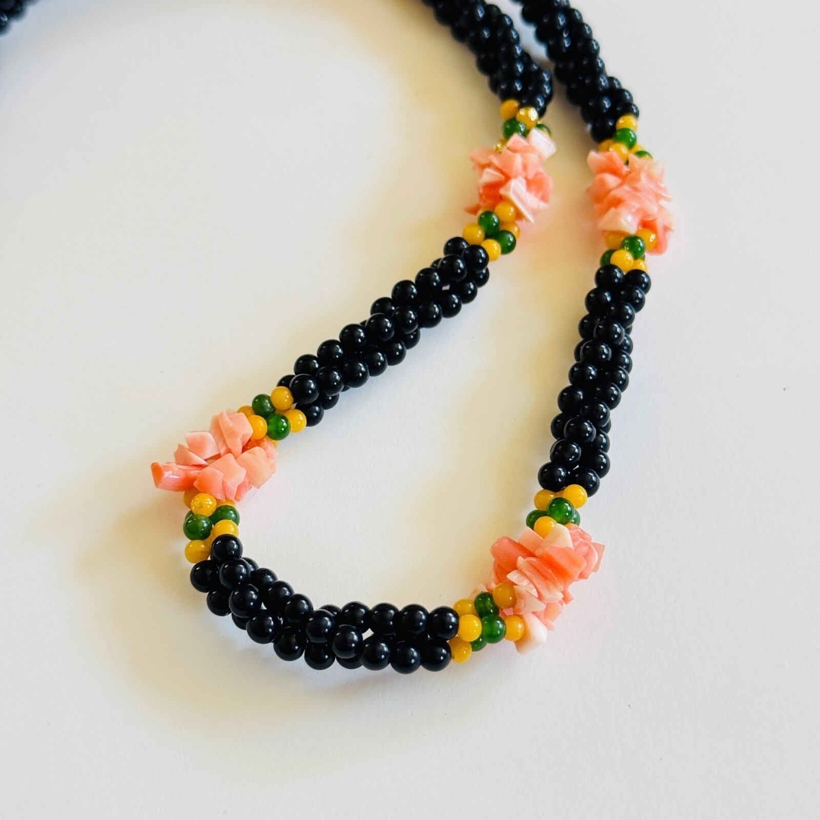 VTG Torsade Necklace Coral Onyx Jade Genuine Natural braided Beads Retro 70s 22″