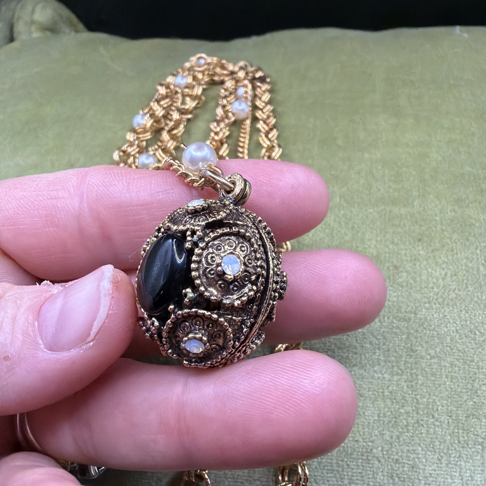 Victorian Revival Black Onyx Cabochon Pearl Station Pendant Necklace Long