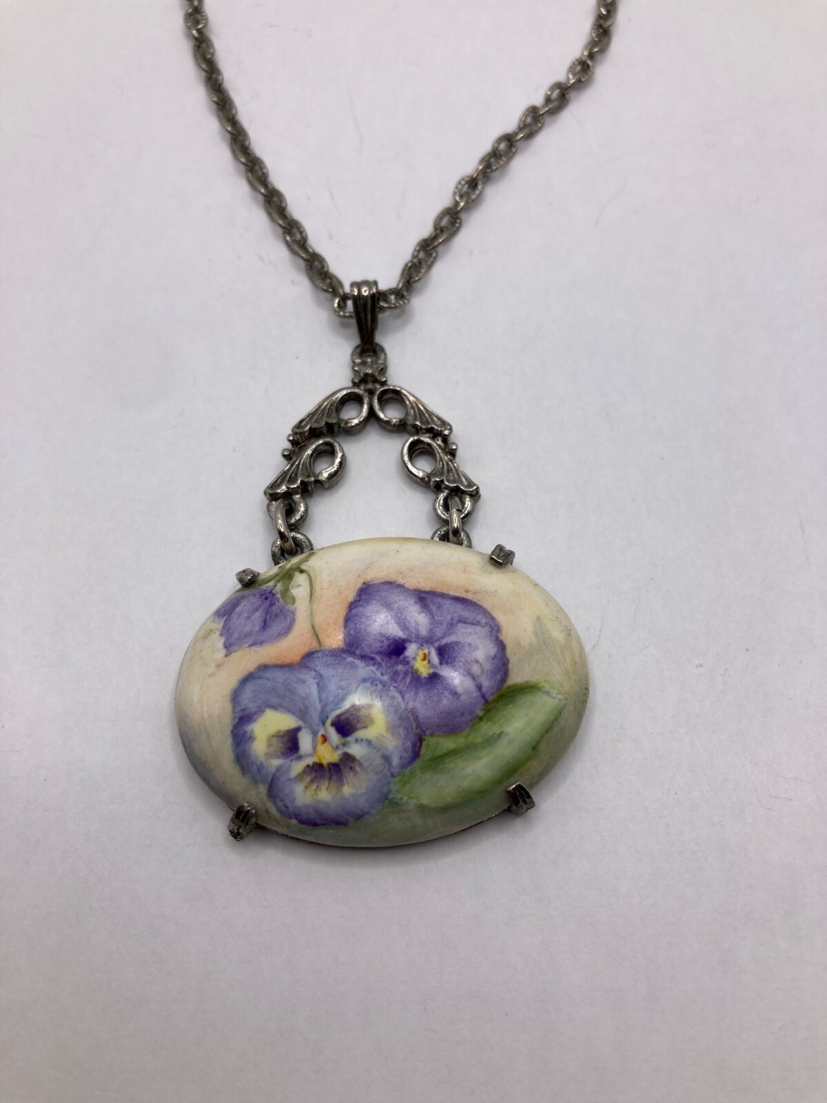 Vintage Purple Orchid Watercolor-Style Pendant on Silvertone Necklace