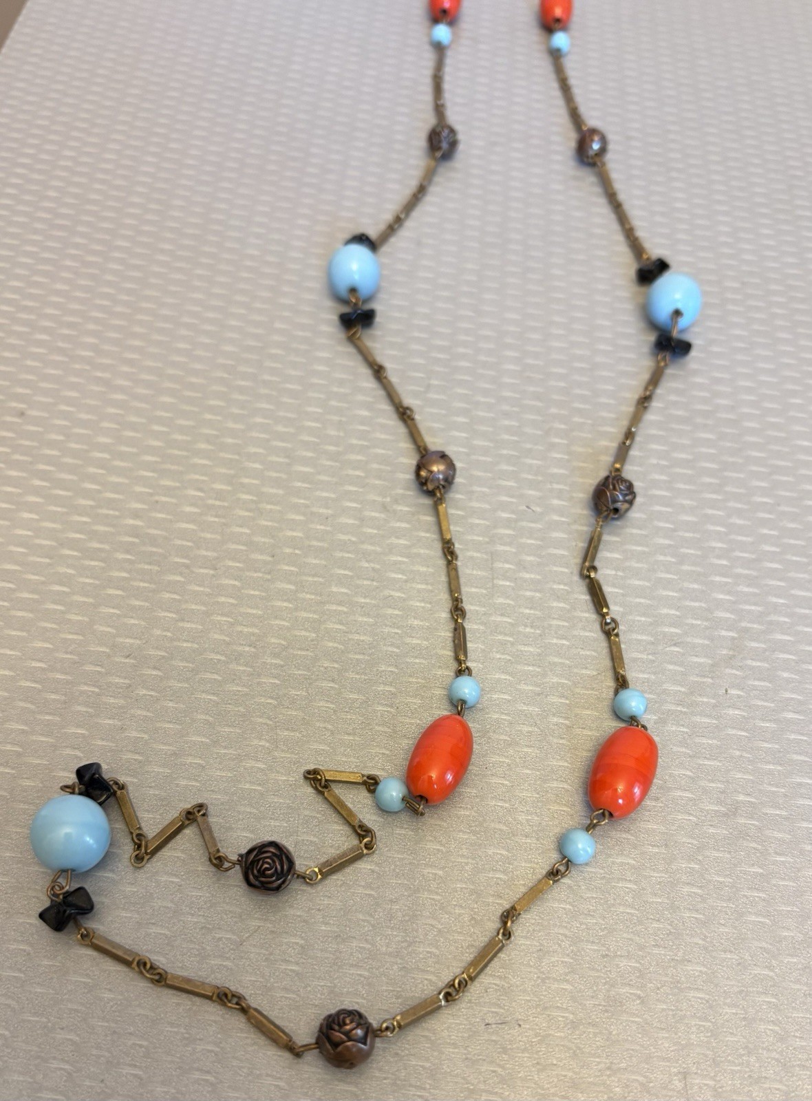 Art Deco Vintage Flapper Necklace Stationed Glass Bead Brass Bar Link Chain 62″