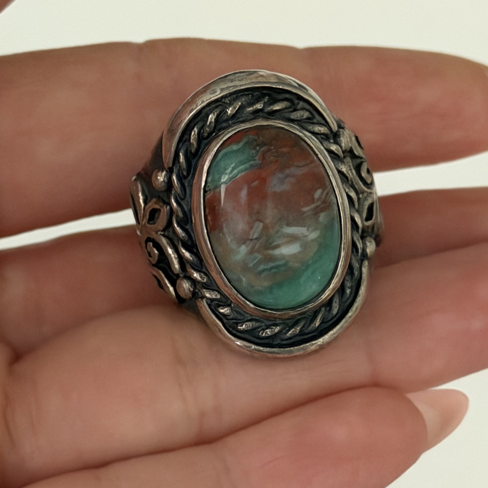 Vintage 925 Sterling Silver Big Bloodstone Southwest Chunky Heavy Ring Sz 10.25