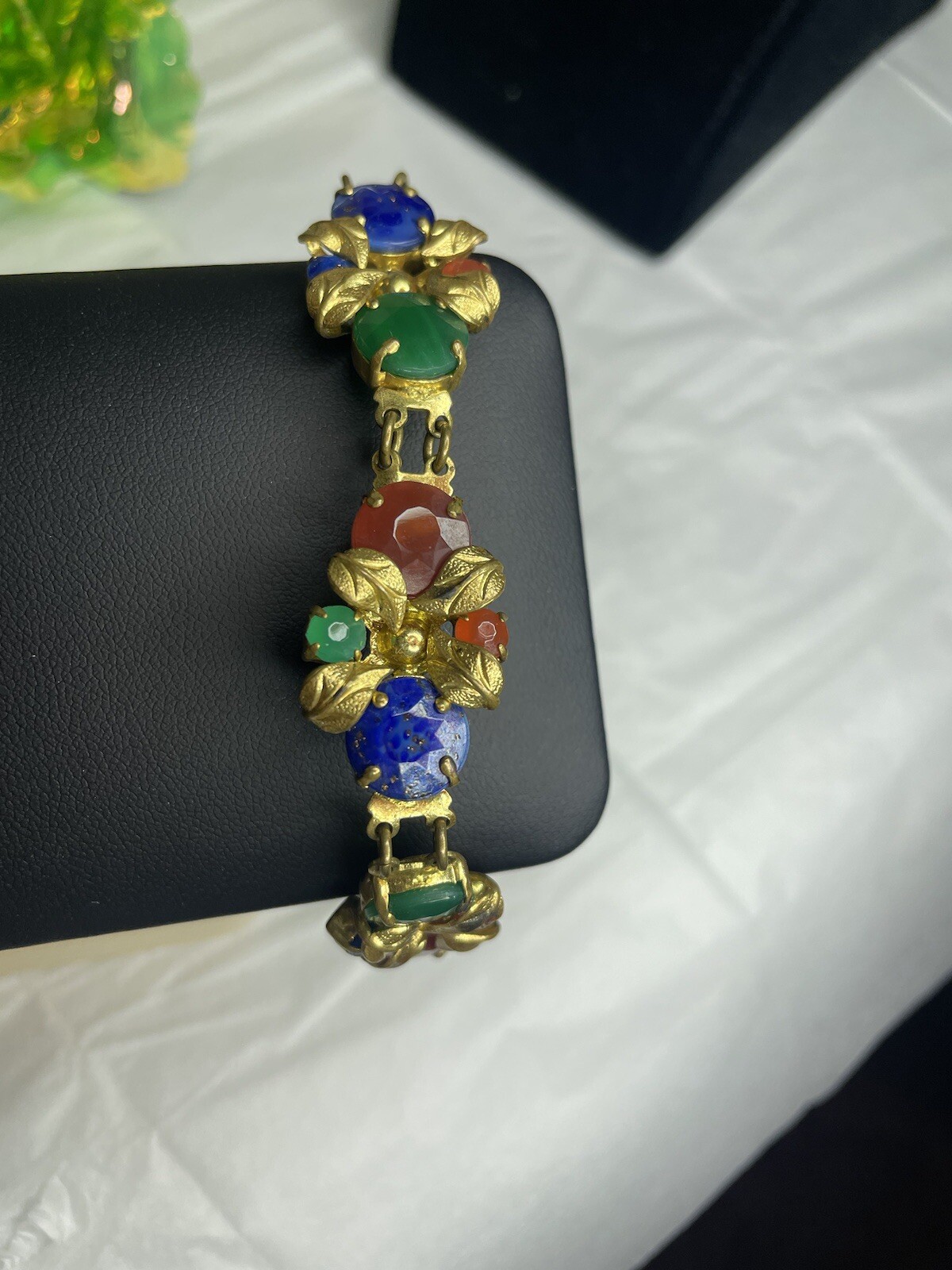 Vintage 1930’s Faceted Czech Glass- Gilt Metal Faux Gemstone SIGNED