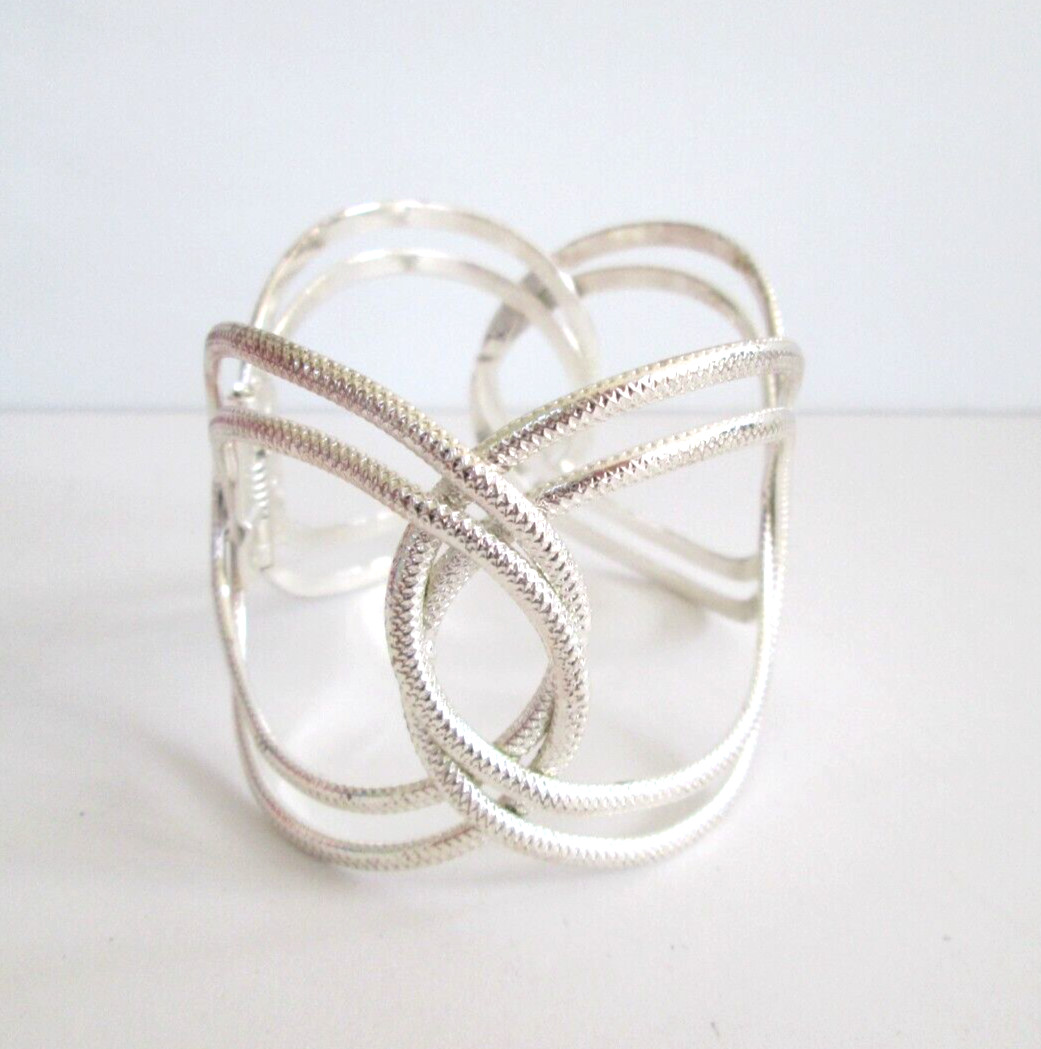 Open Work Scroll Sleeve Bracelet Wide Cuff Silver Tone Hinged 8.5″