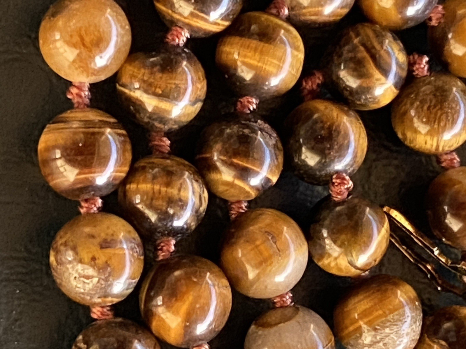 Vintage Tiger Eye Bead 2 Necklaces – 17” & 18” Knotted Stone Gold Tone Clasp