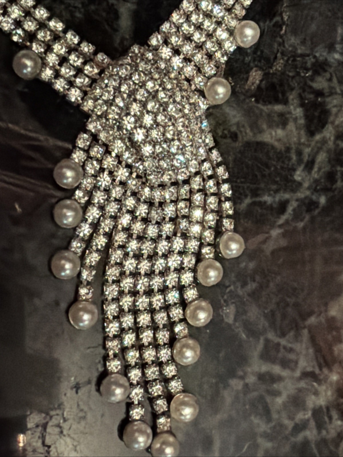 Vintage Rhinestone Swirl Glamour Pearl Dangle Necklace High End Costume Jewelry