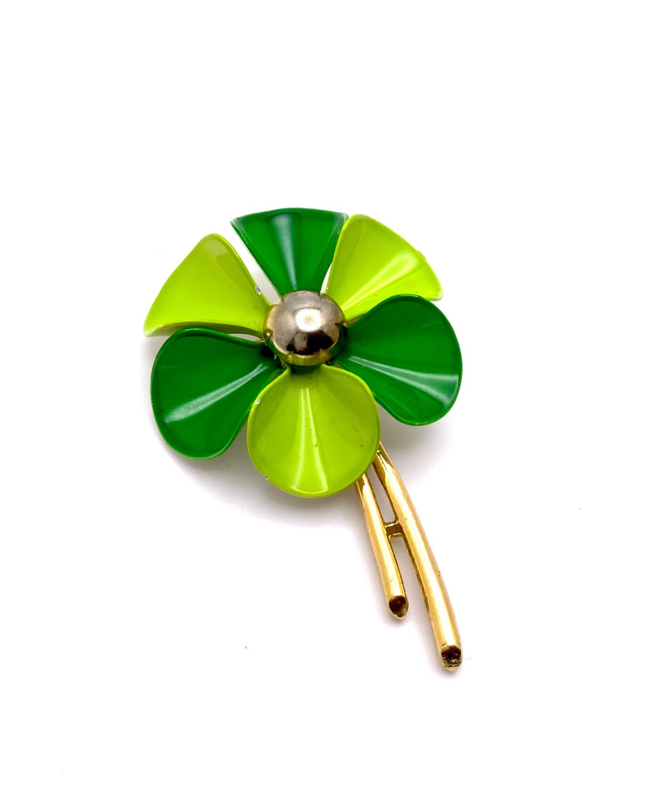 Vintage Costume Jewelry Dark & Lime Green Enamel Flower Brooch Pin 2.5″
