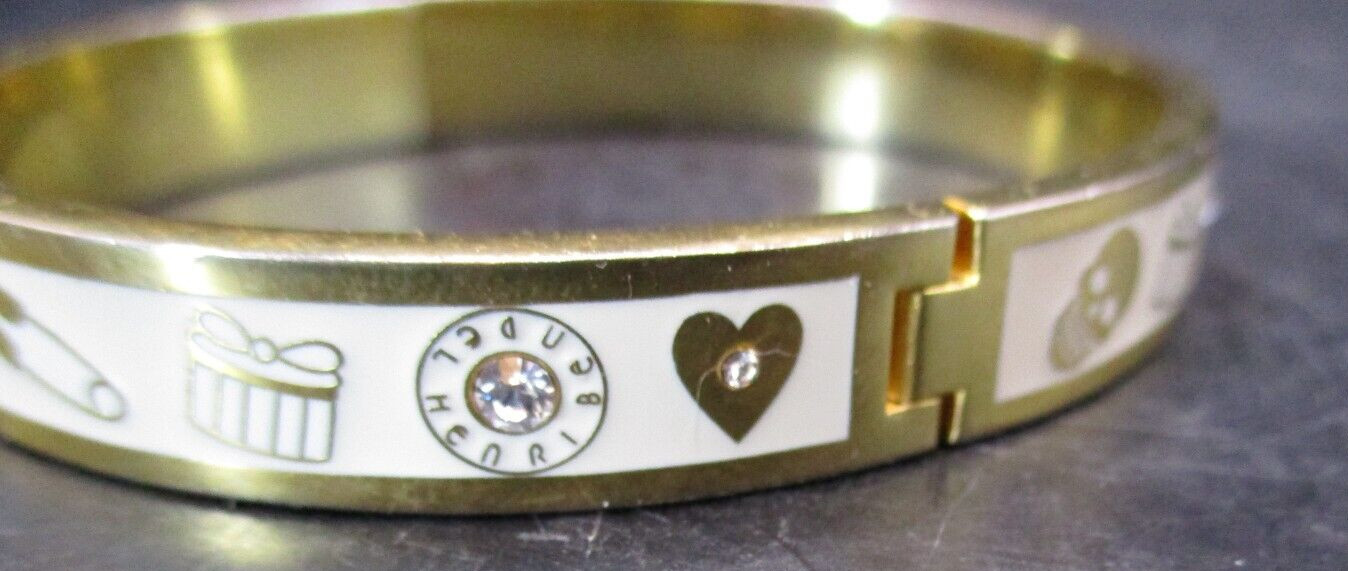 RARE HENRI BENDEL NEW YORK GOLD, CREAM ENAMEL RHINESTONE “LIFE EVENTS” HINGED BA