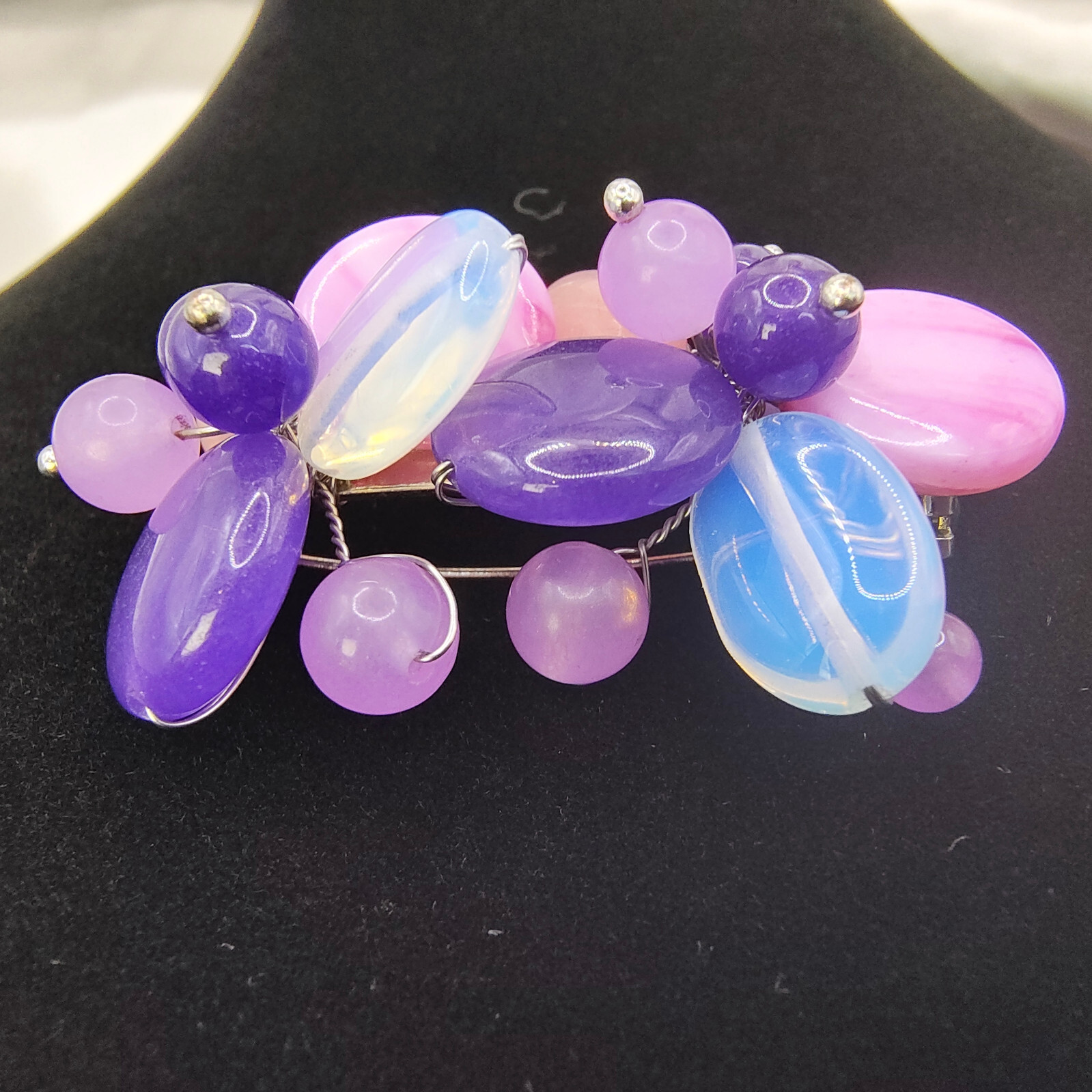 Chunky Purple Art Glass Brooch Pin Silver Tone Glass Beads Cluster Wire Abstract