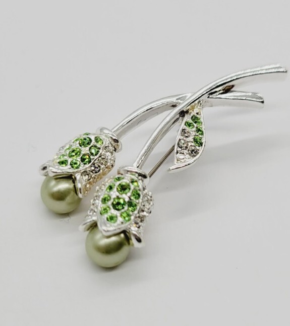 Vintage Flower Bouquet Brooch Green Faux Pearls Silver Tone Crystal Accent