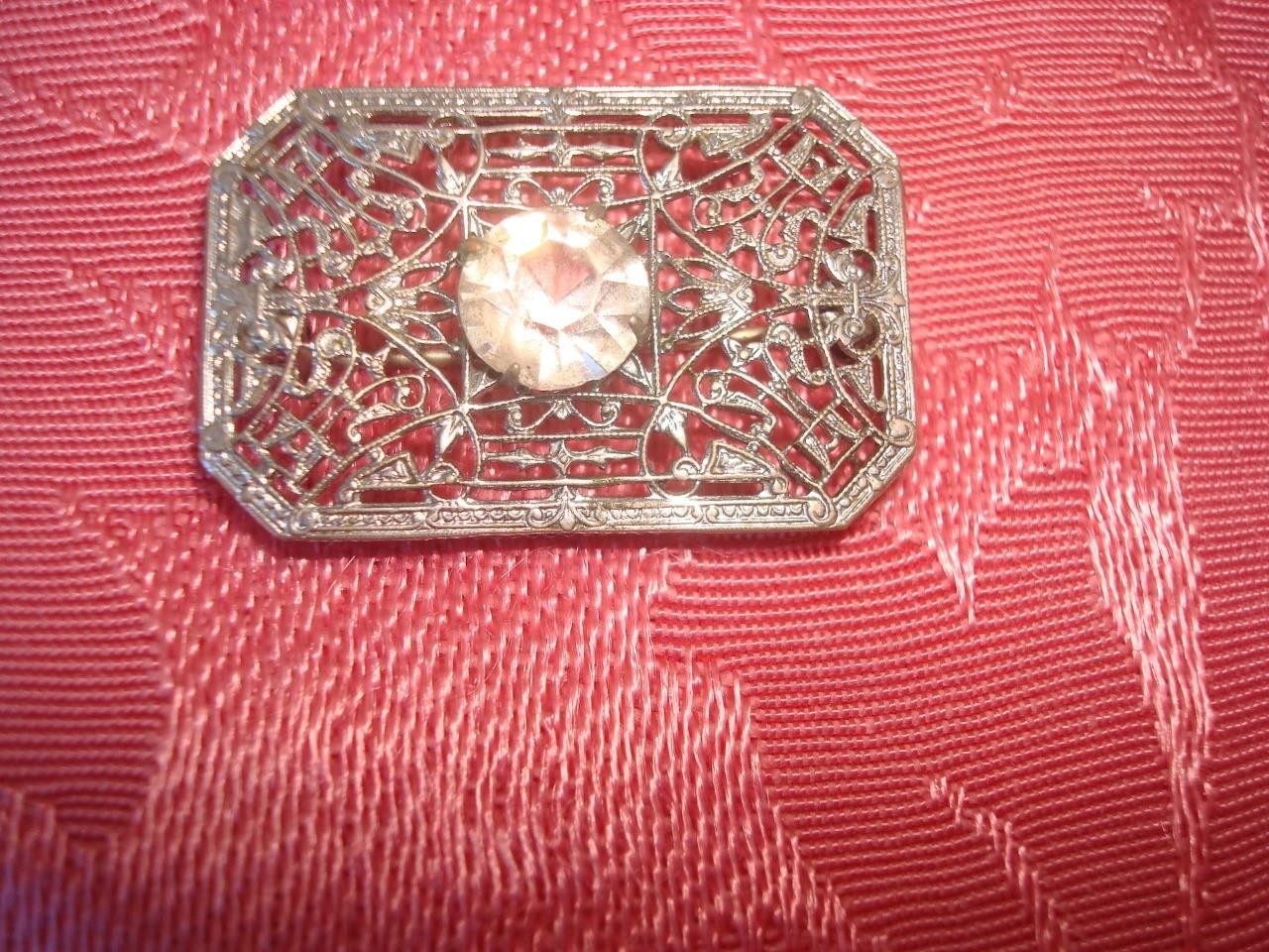 Art Deco Silver Color Filigree Pin Brooch Clear Rhinestone 7/8 x 1 1/4 In. KJ