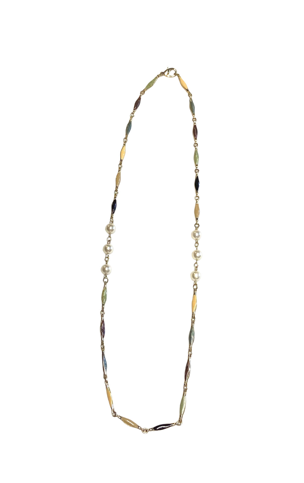 Vintage Gold Tone Multicolor Enamel Bar Link Elliptical Faux Pearl Necklace 25″