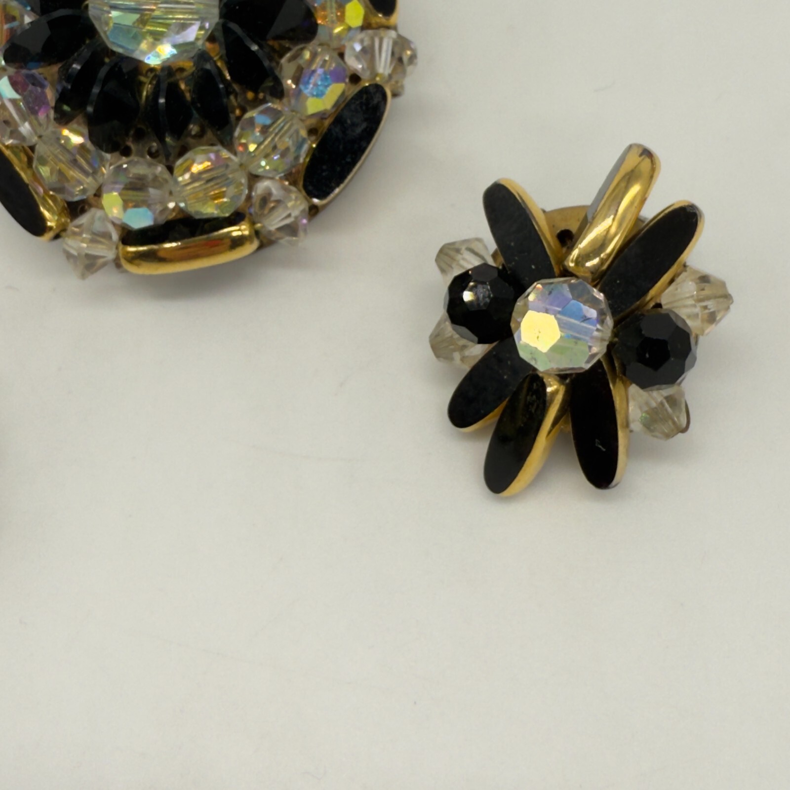 Vintage Brooch Earrings Black and AB Acrylic Beads Black Enamel