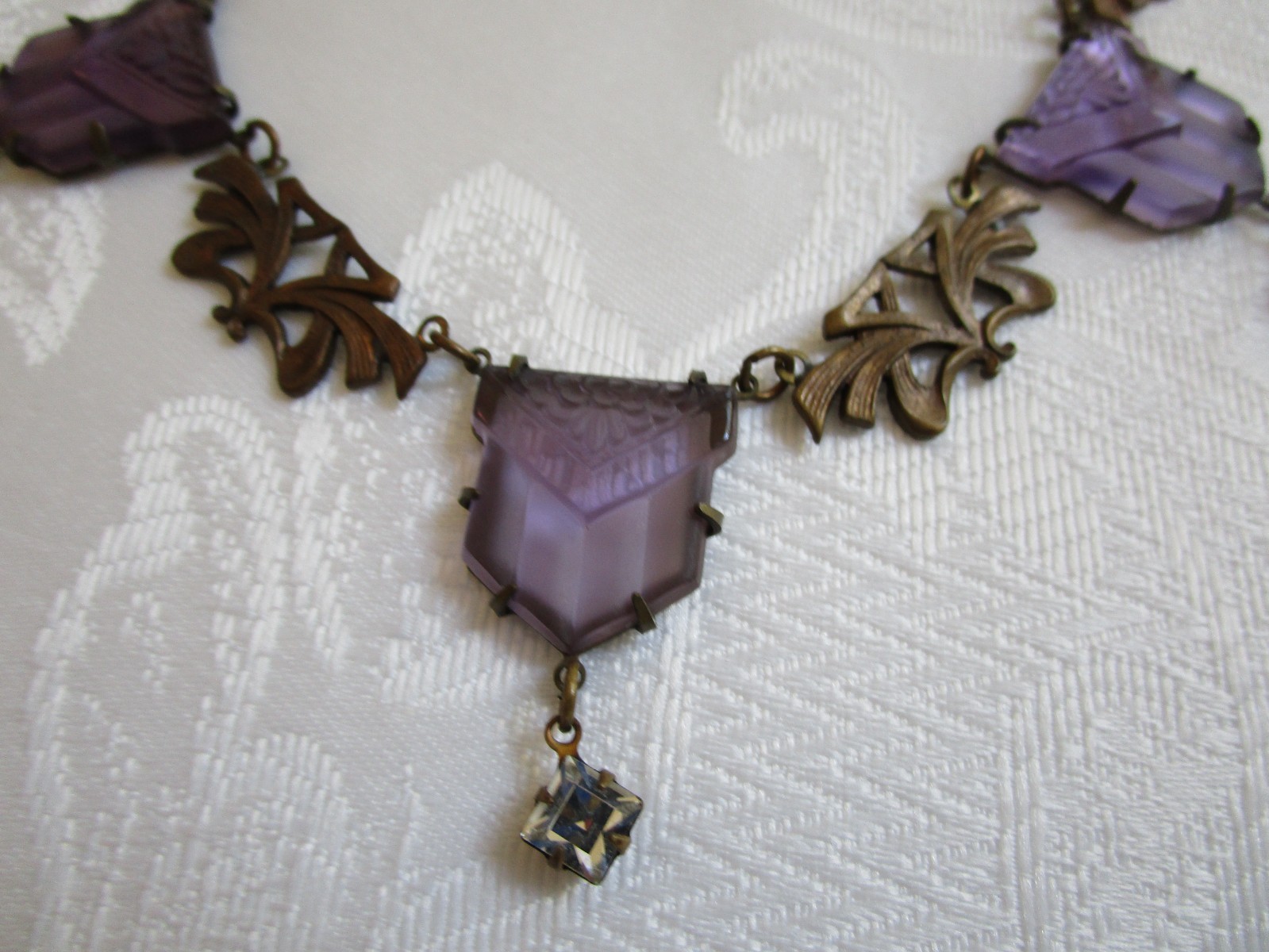 Vintage Glass Works Studio Purple Glass Clear Rhinestone Necklace 19” L Rare