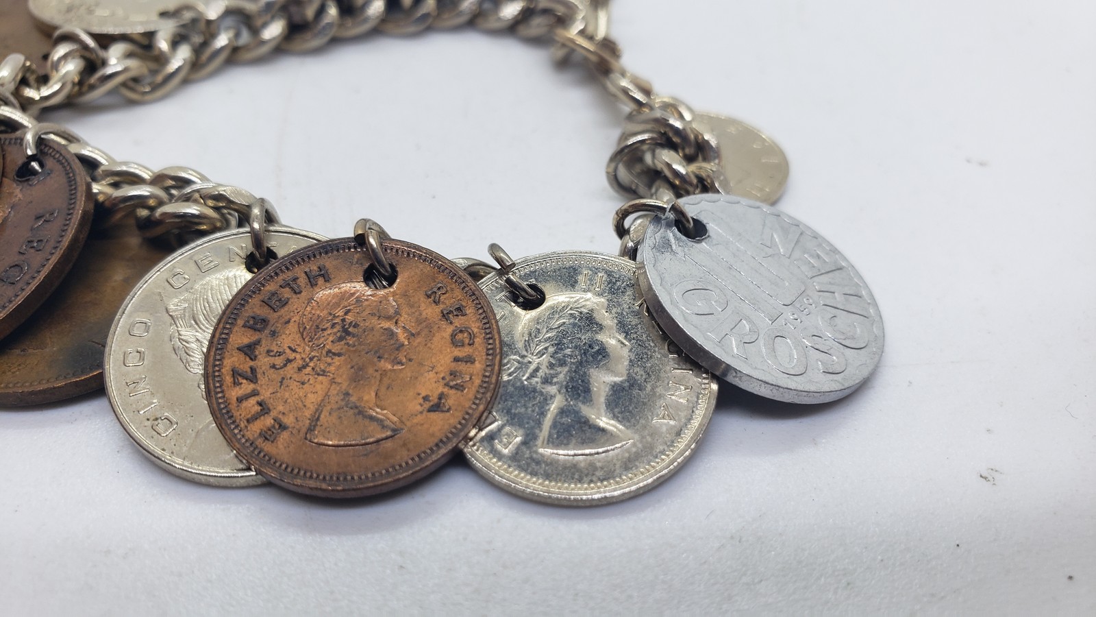 Vintage Coin Charm Bracelet Souvenir Mixed Coins Queen Elizabeth Regina Collect