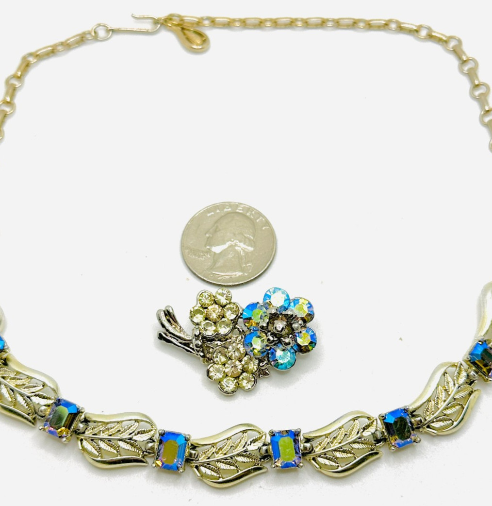 Vtg Lot Exceptional Blue Starlight AB Rhinestone CORO Necklace & Flower Brooch