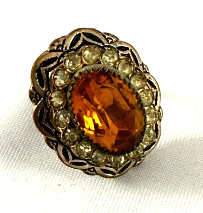 Vintage Cognac & Clear Rhinestone Antiqued Gold Tone Oval Ring Size 4.25