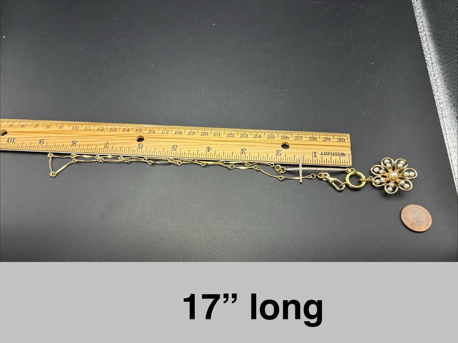 Vintage 12k Gold Filled Pocket Watch Chain FOB, Dog Clip, Cross & Pearl Charms
