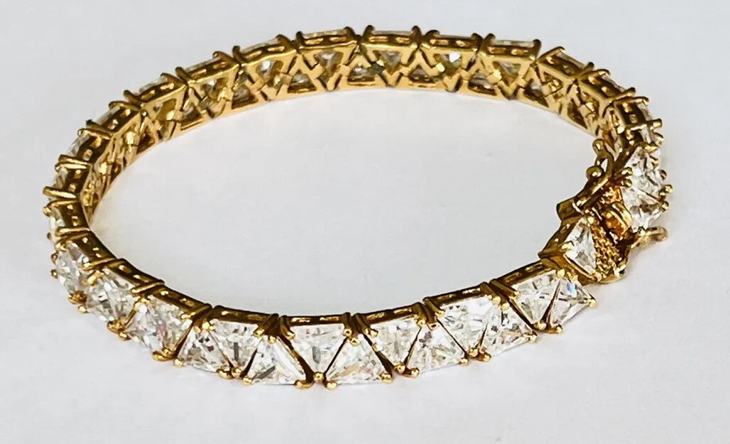 Vintage 18K Gold Vermeil Sterling Silver Trillion Cut CZ Tennis Link Bracelet