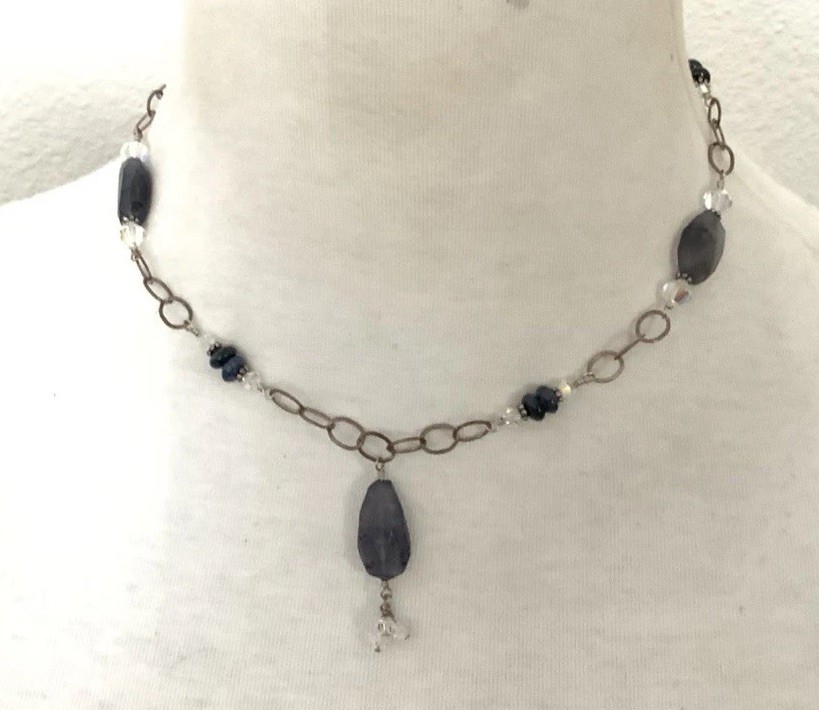 Vintage Sterling Silver 925 Faceted Iolite Nugget Stones 16” Necklace
