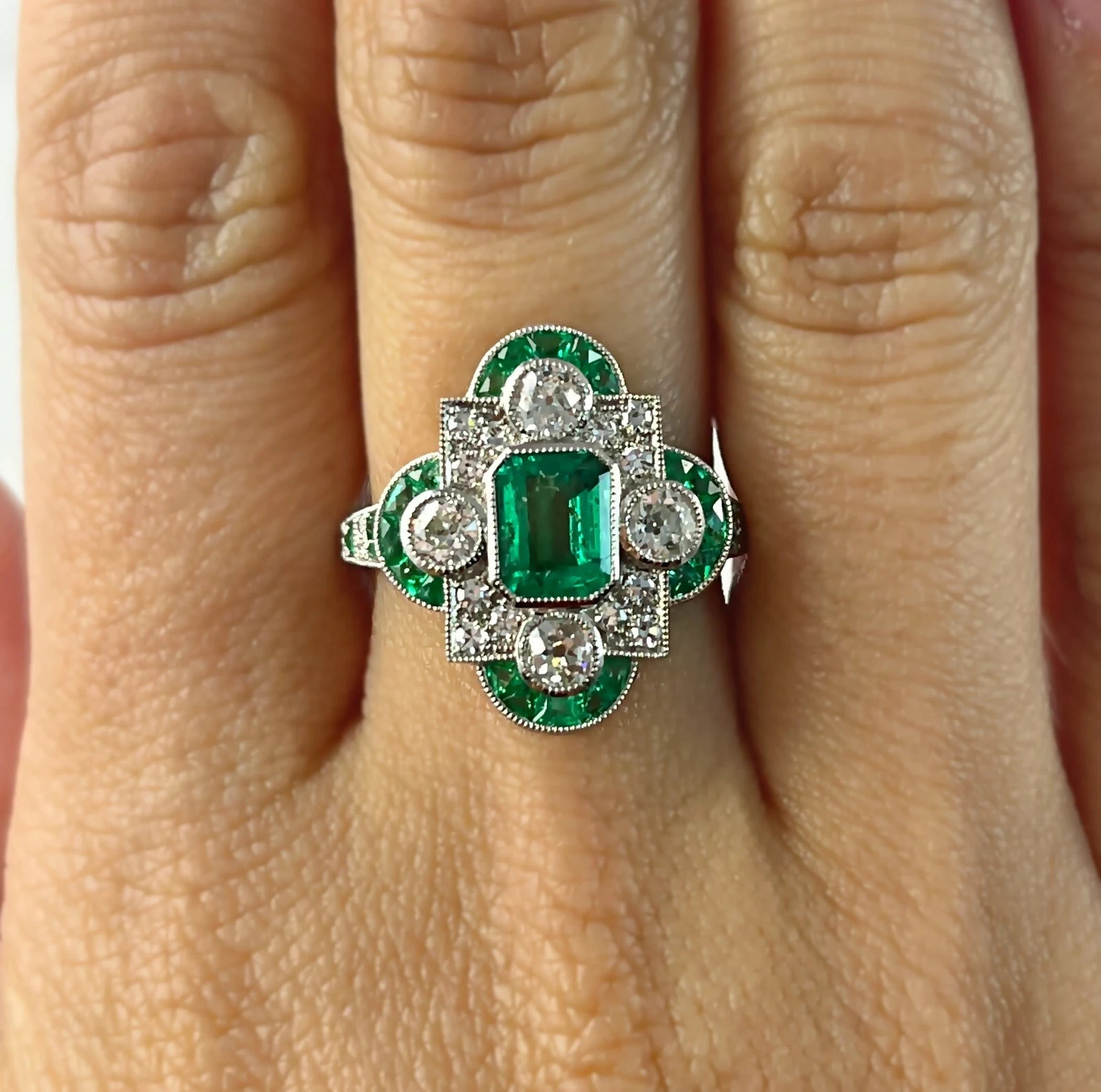 Art Deco Style Emerald and Lab Created Diamond Engagement 14K White Gold FN Ring