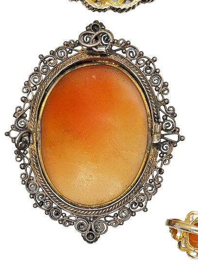 Torre del Greco Italy Hand Carved Shell Cameo Pendant Filigree Lady Portrait