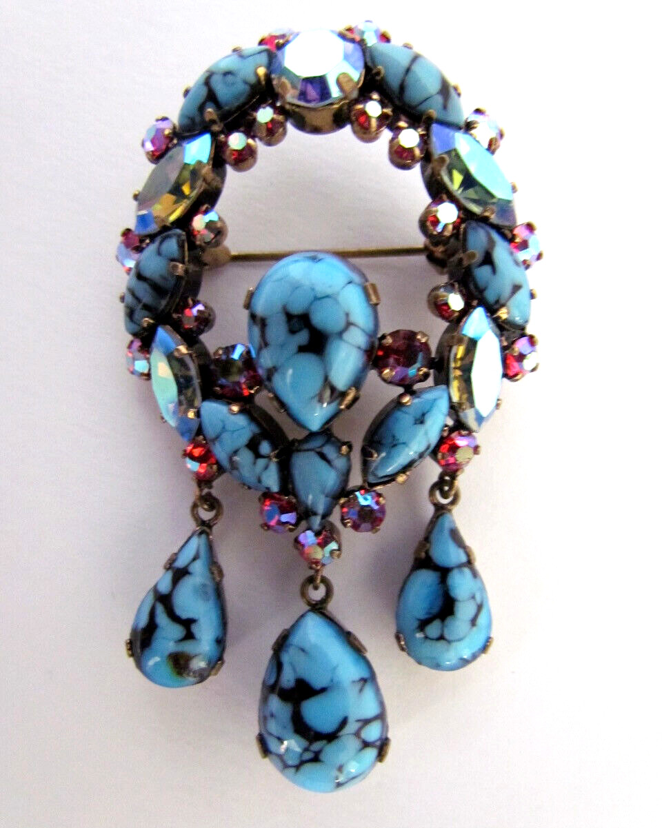 Vintage Austrian Art Glass Dangle Brooch Cabachon Rhinstones Blue Pink Rare