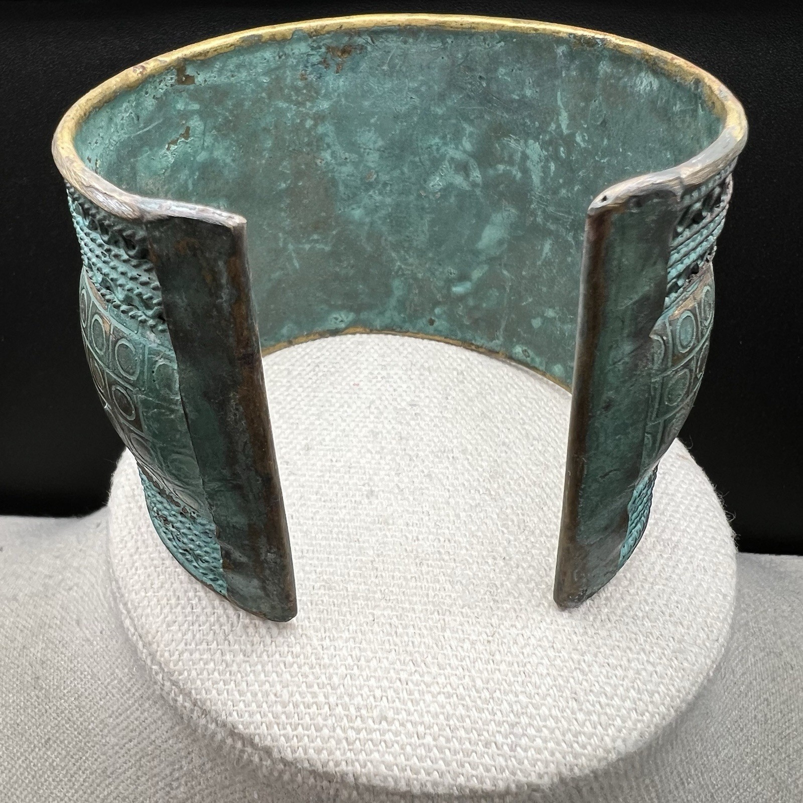 Wide Embossed CopperTone Cuff Bracelet Verdigris Patina Tribal Artisan Statement