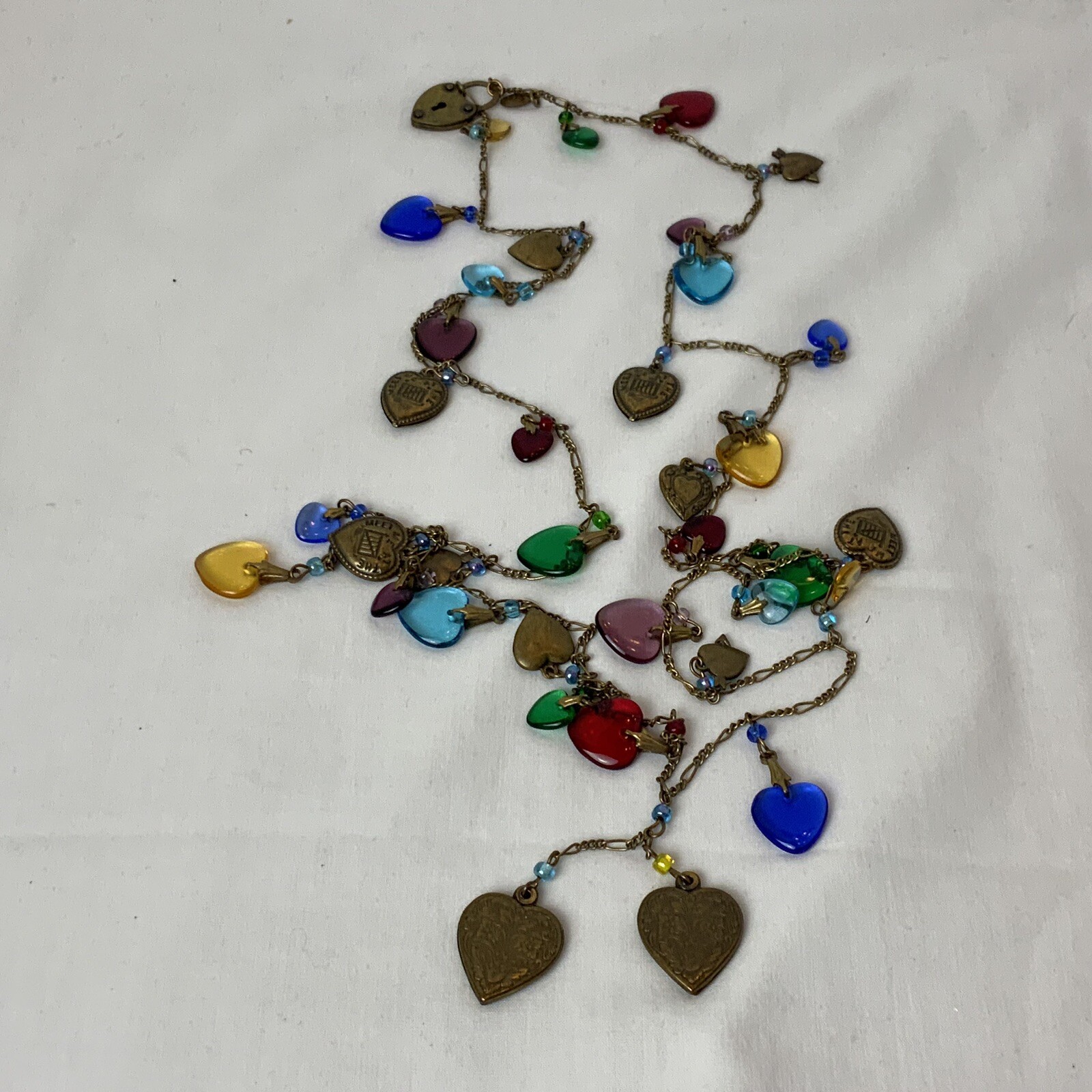 VTG Glass Works Studio G.W.S Signed Multi Color Glass Hearts Charm Long Necklace