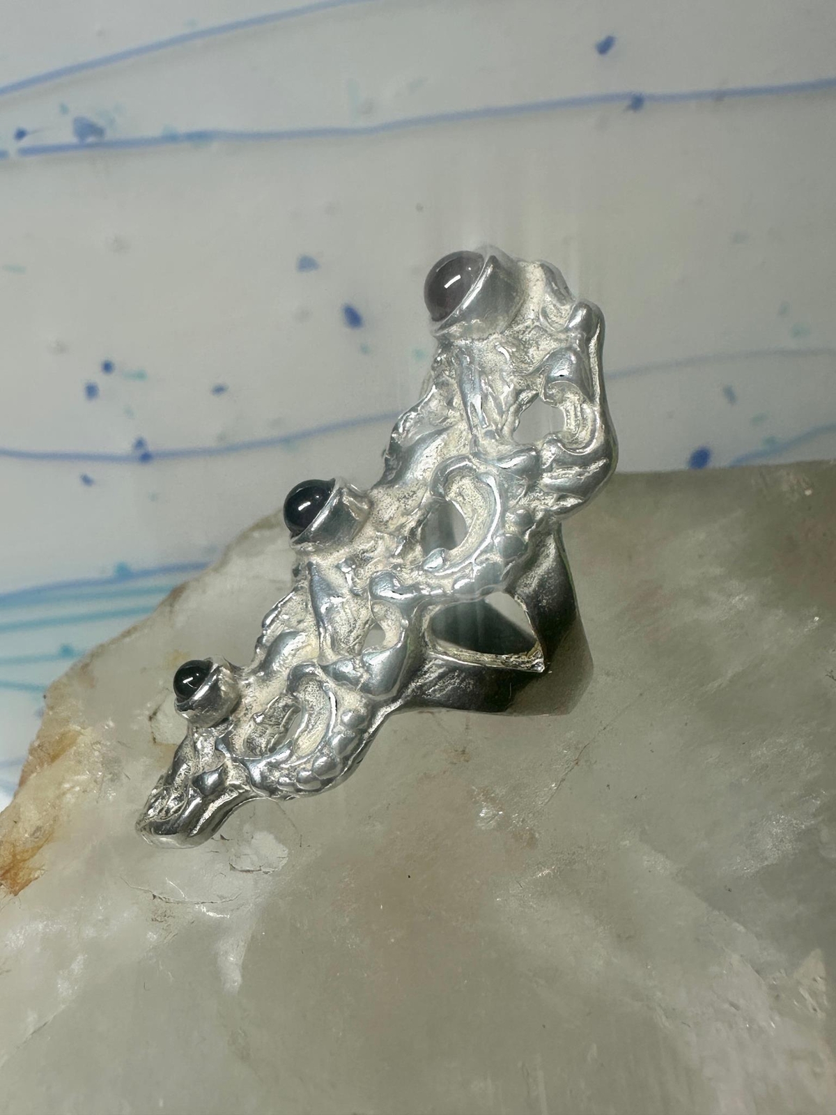 Face ring long figurative Art Deco influences garnets size 5.75 sterling silver