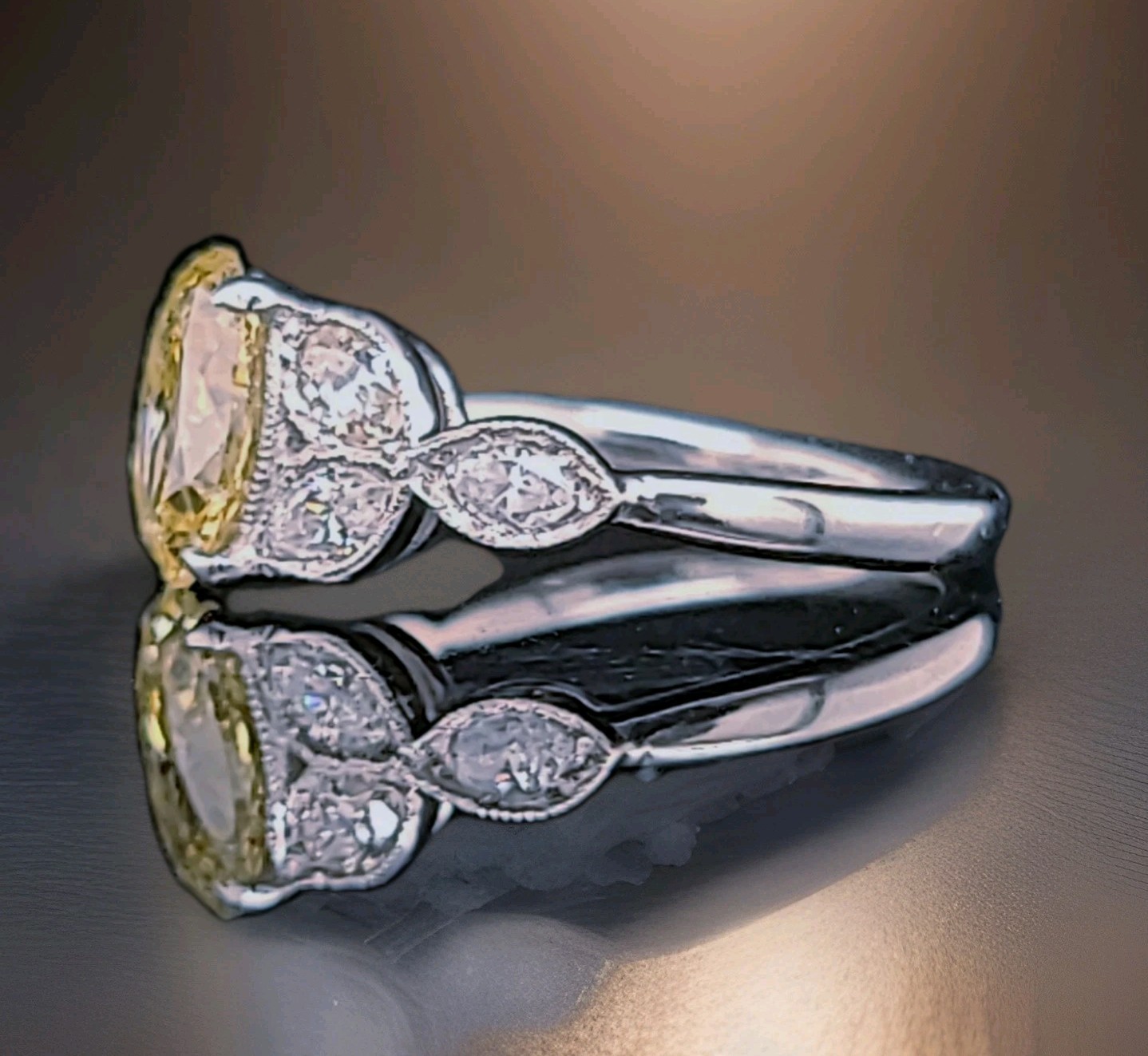 Vintage Platinum Engagement Ring 1.52CT.Natural Yellow Diamond Oval Shape
