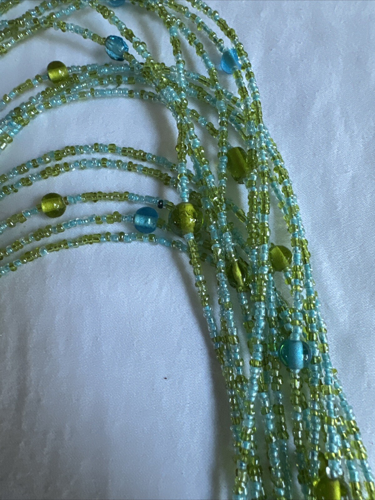 Vintage Seed Bead Multi Strand Wrap Statement Necklace Green, Blue, 22