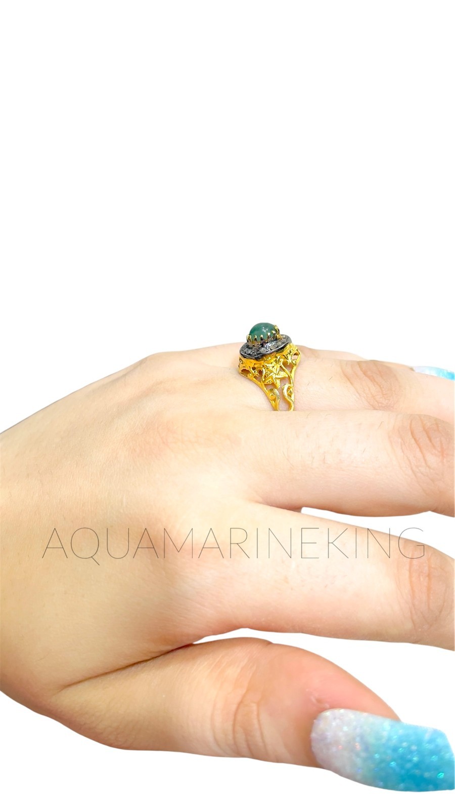 Natural Emerald & Diamond Ring, 14k Gold Plated Victorian Jewelry Gift For Her