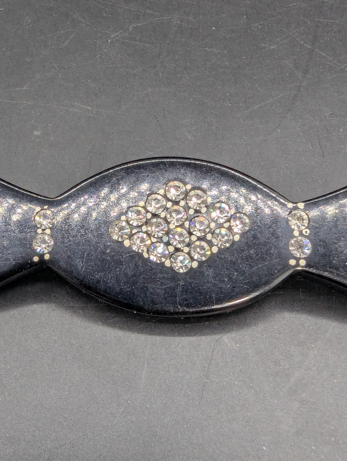Vintage Art Deco Black Bakelite Celluloid Rhinestone Brooch Pin Candy Lozenge