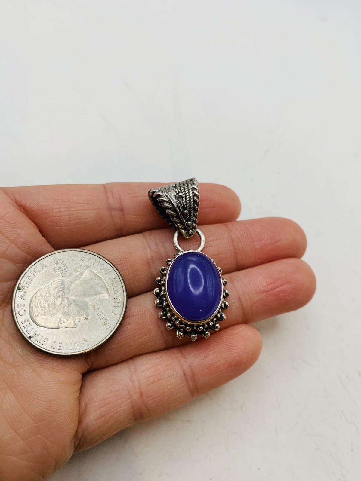 Vintage Sterling Silver Bohemian Purple Blue Oval Dainty Natural Stone Pendant