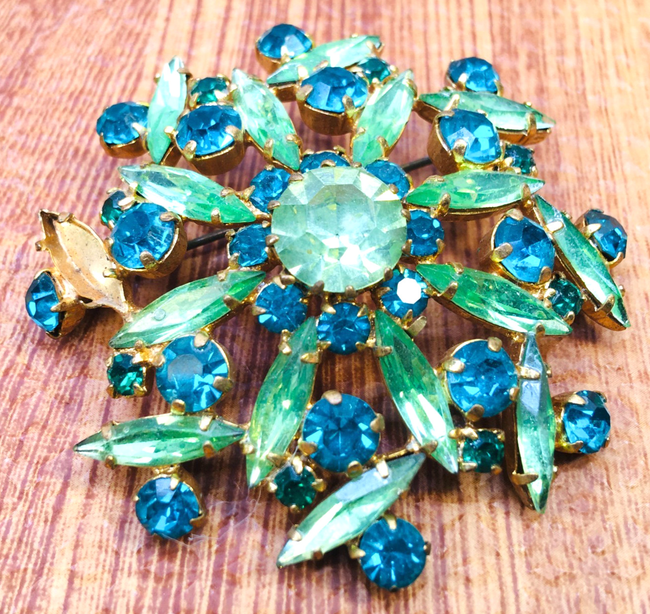 Vtg Austrian Brooch Dome Navette Apple & Dark Green Rhinestone Missing 1 Stone