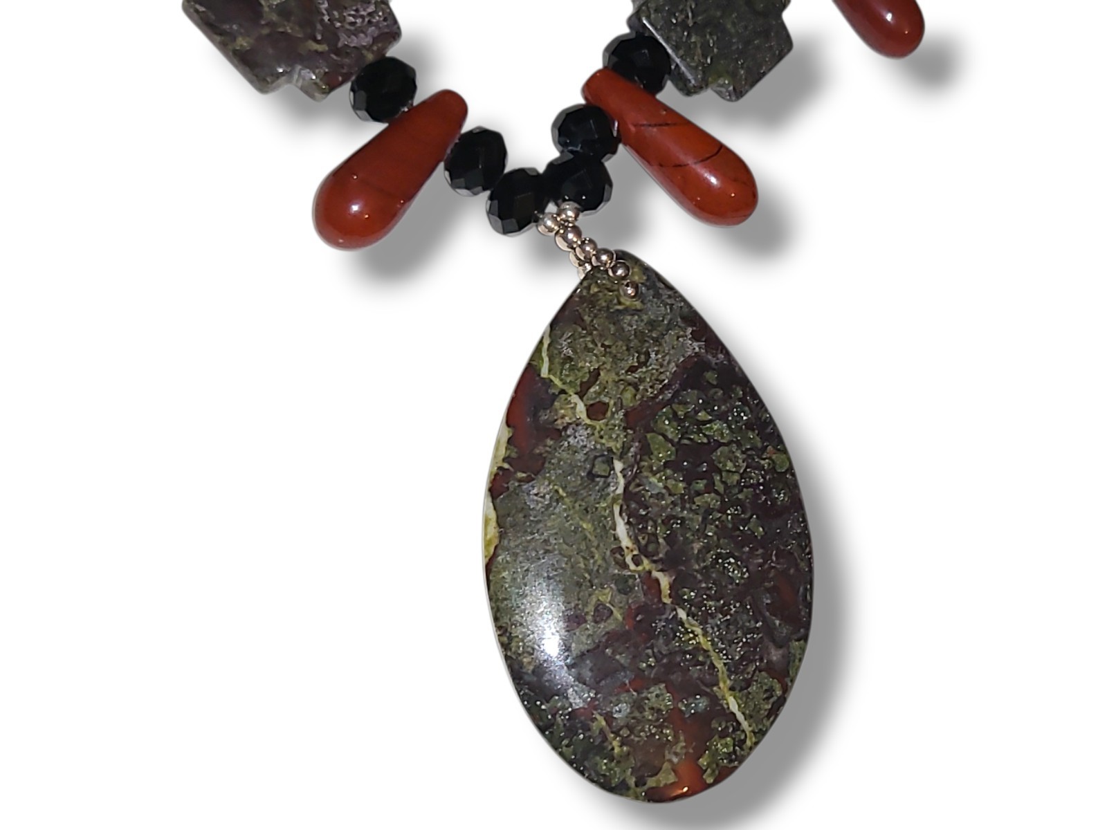Stone Pendant Necklace Red Green Jasper Bead Black Crystal 925 Clasp 18in