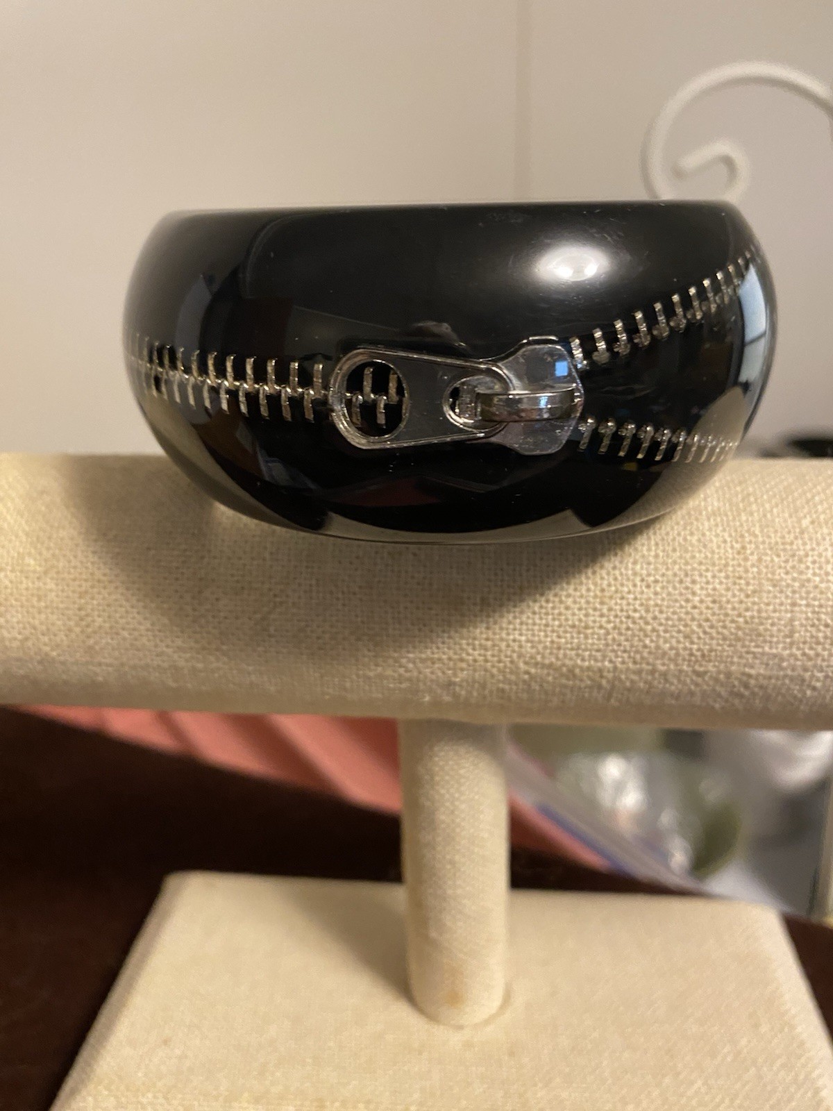 1980s Vintage Zipper Bangle Bracelet Black With Silver Tone Zipper Embedded
