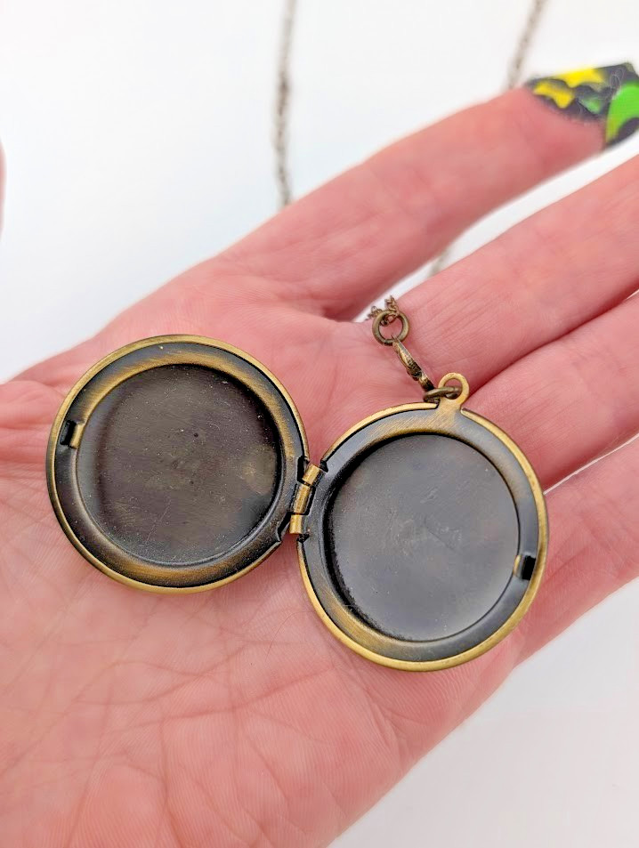 BRASS IRIS FLOWER LOCKET enamel art nouveau style photo pendant bronze chain B6