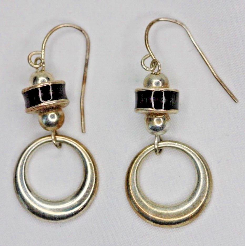Silver Tone Black Enamel Dangle Drop Hoop Earrings