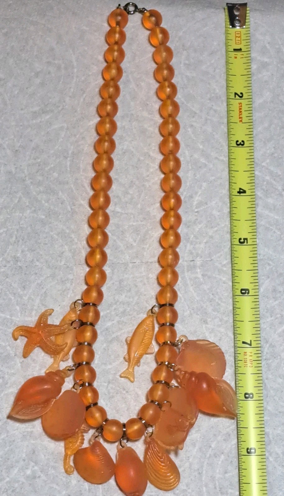 Vtg Lucite Acrylic Retro Glowing Amber Unique Beaded Necklace Shell Fish Charms