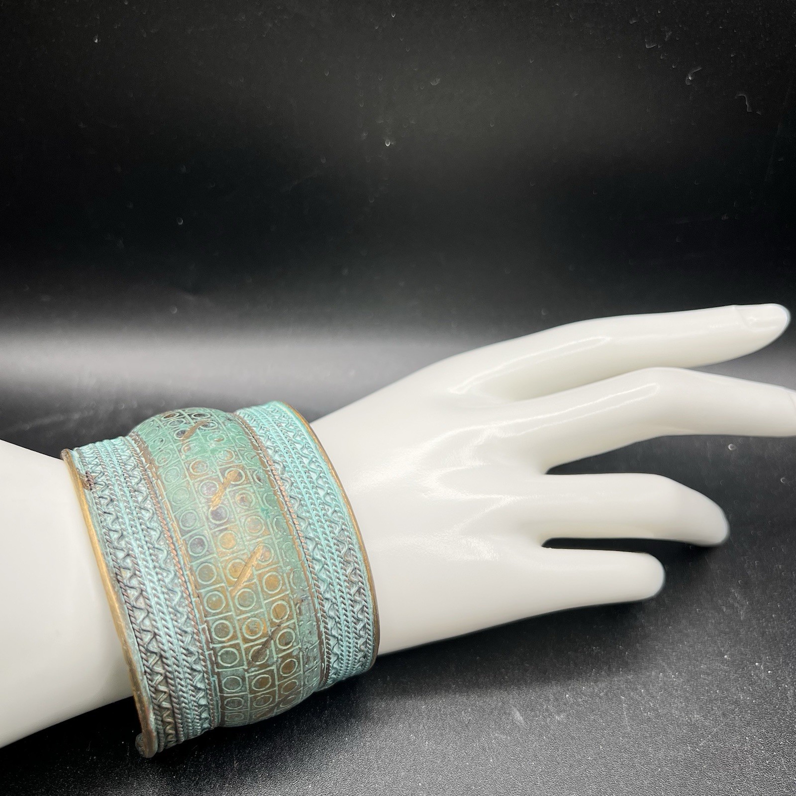 Wide Embossed CopperTone Cuff Bracelet Verdigris Patina Tribal Artisan Statement