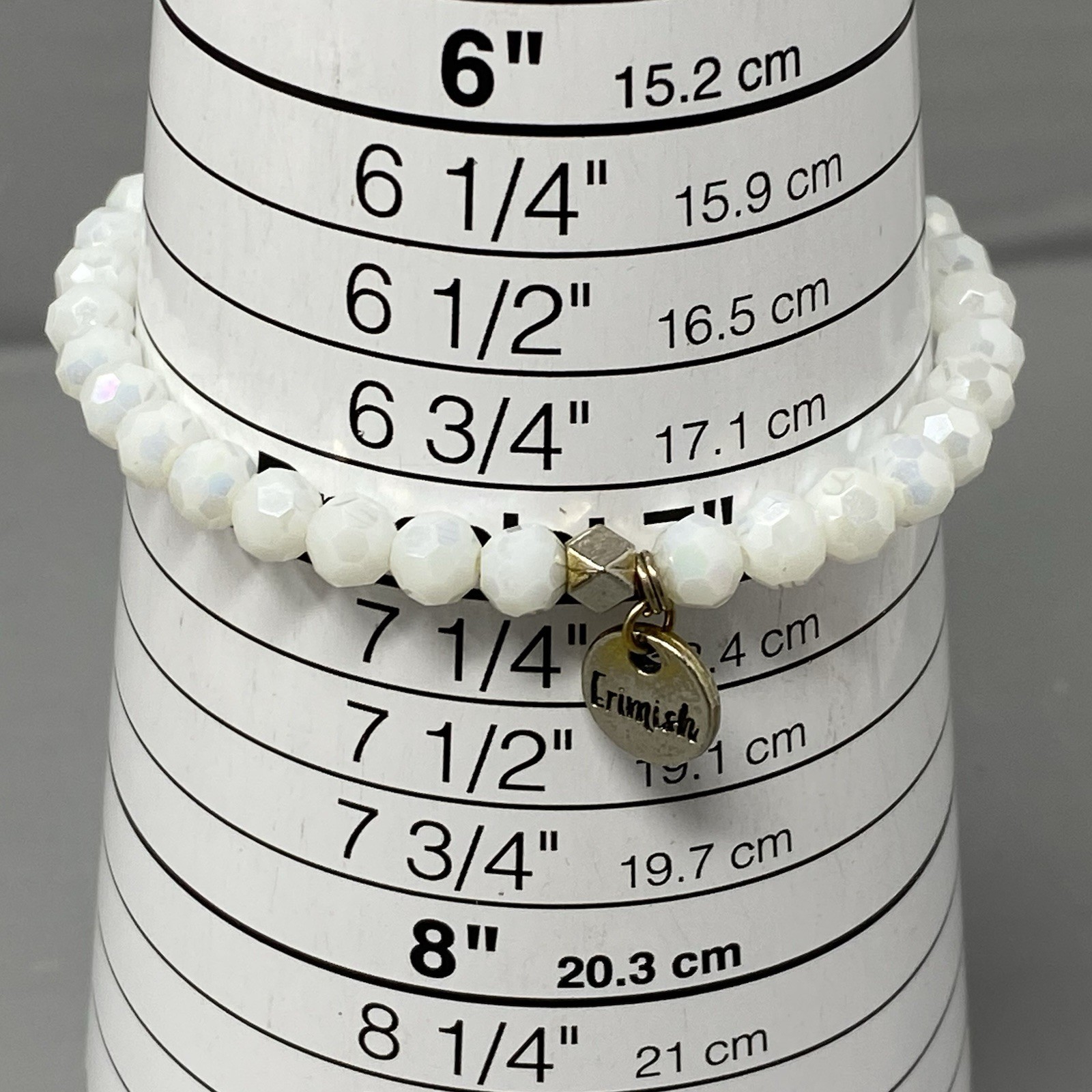 Erimish Bracelet White Faceted Fire Polished Glass Beads Stretch Designer 7″
