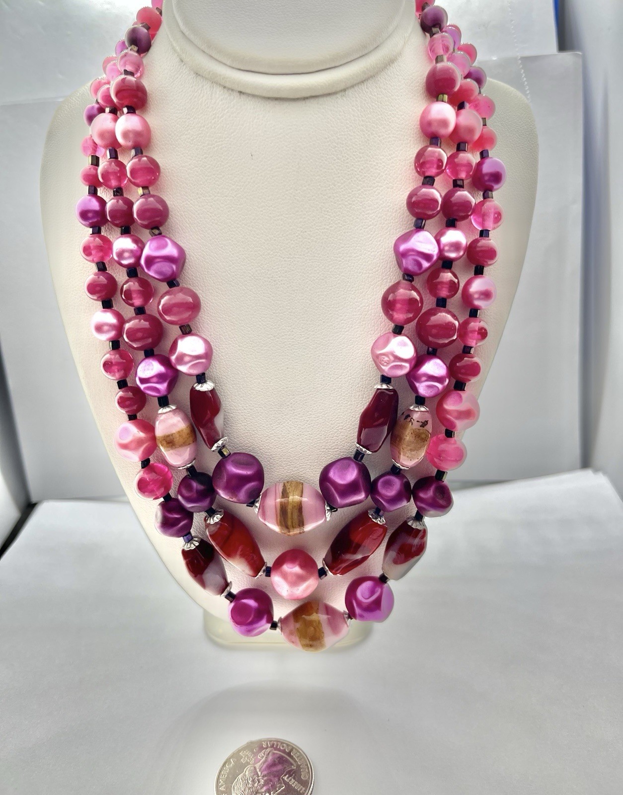 Vintage 3 Strands Art Glass & Lucite Beads Pink Red Brown Purple Silvertone 15”