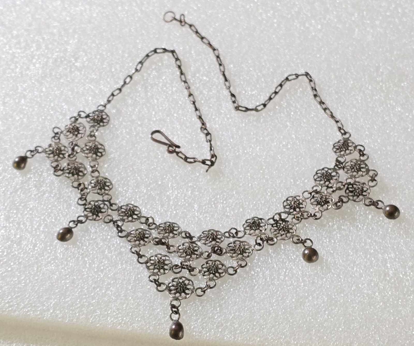 Vintage Etruscan Chain Mail Dangle Necklace & Cannetille Drop Pierced Earrings