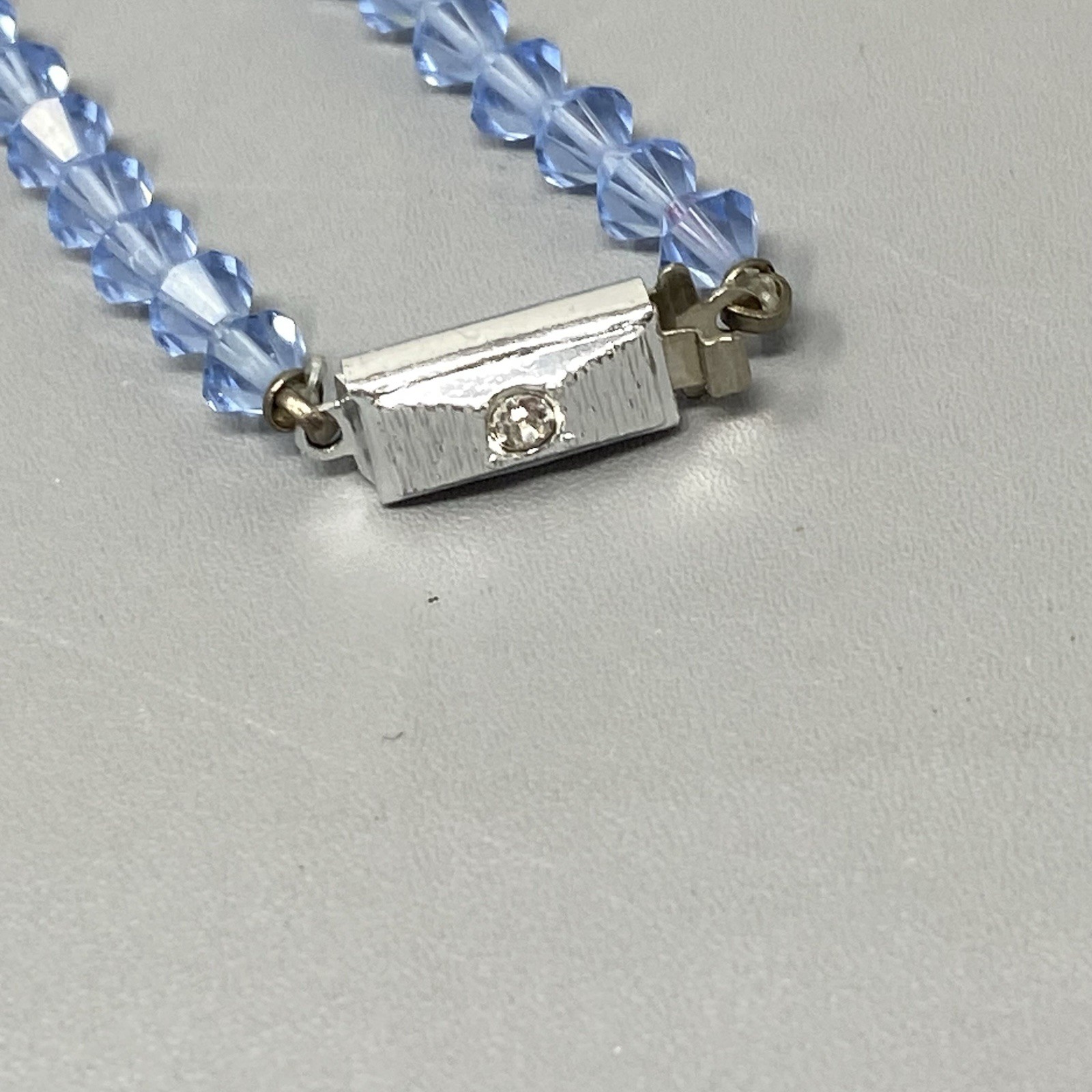 Light Blue Glass Beaded Necklace Bicone Faceted Shiny Fire Polished Vintage 24″