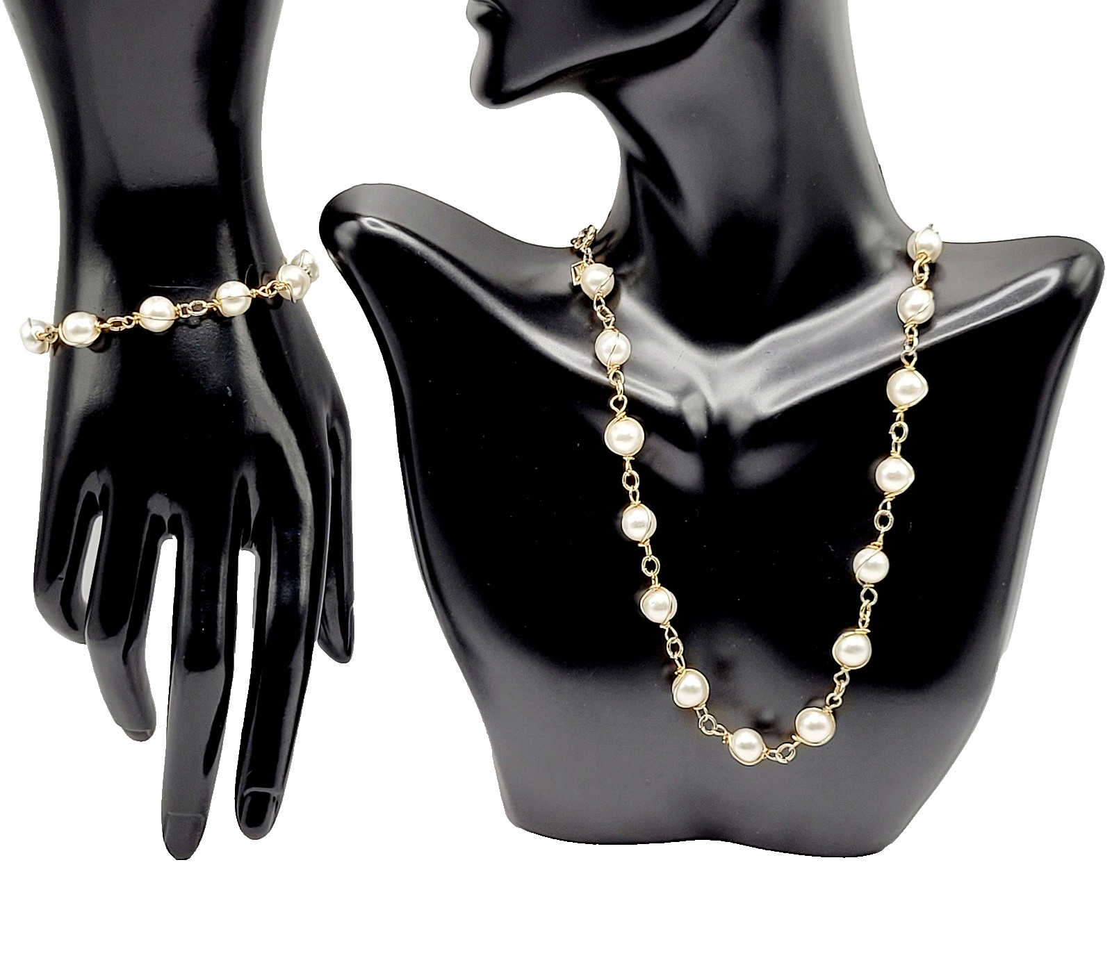 Sarah Coventry Faux Pearl Caged Style Bracelet 7.25 in Necklace 16 in Vtg Signed