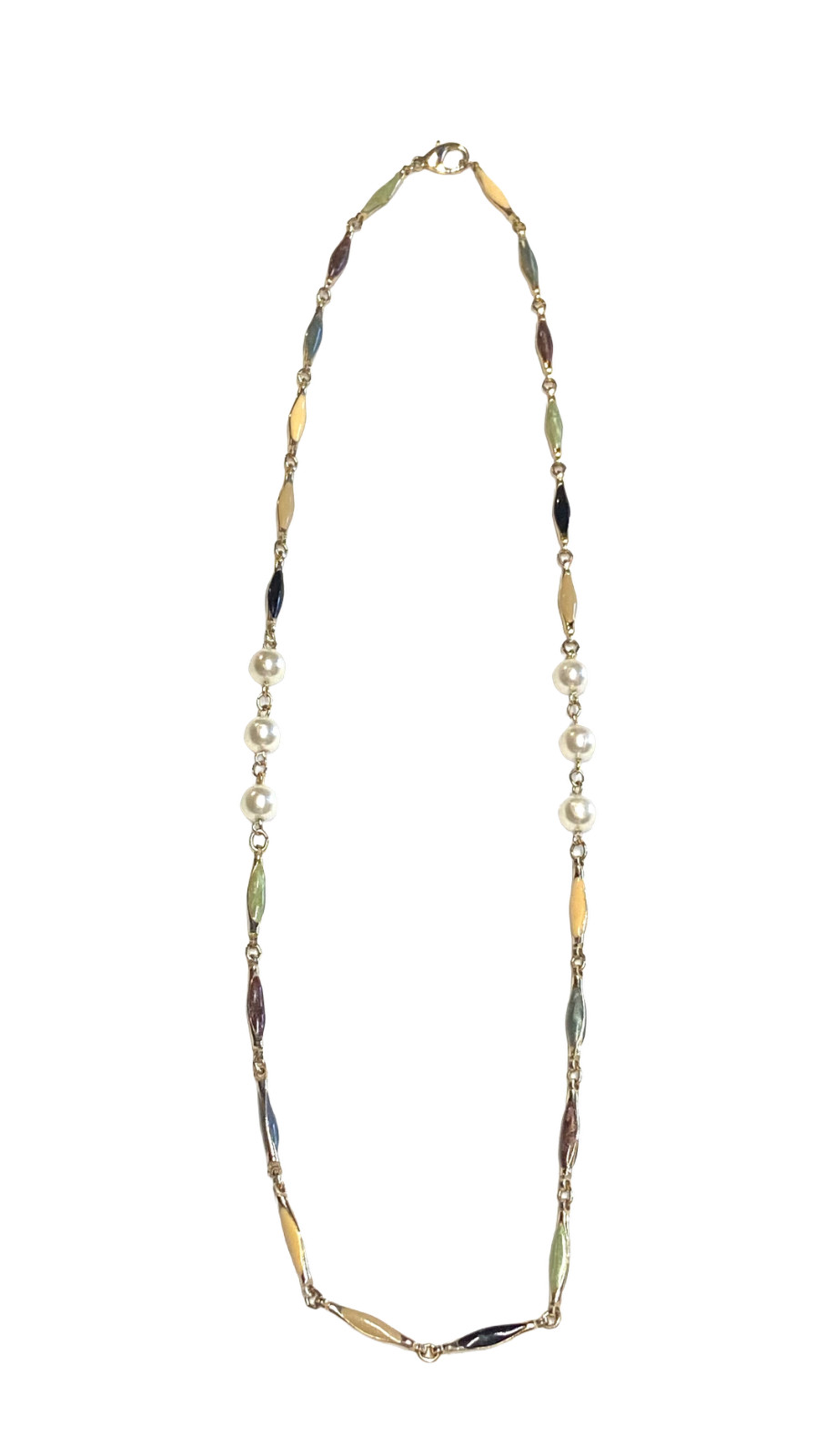 Vintage Gold Tone Multicolor Enamel Bar Link Elliptical Faux Pearl Necklace 25″
