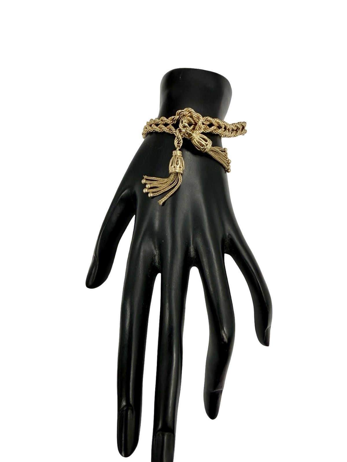 Heavy 14k Yellow Gold Knotted Rope Dangling Tassel Bracelet Vintage Estate