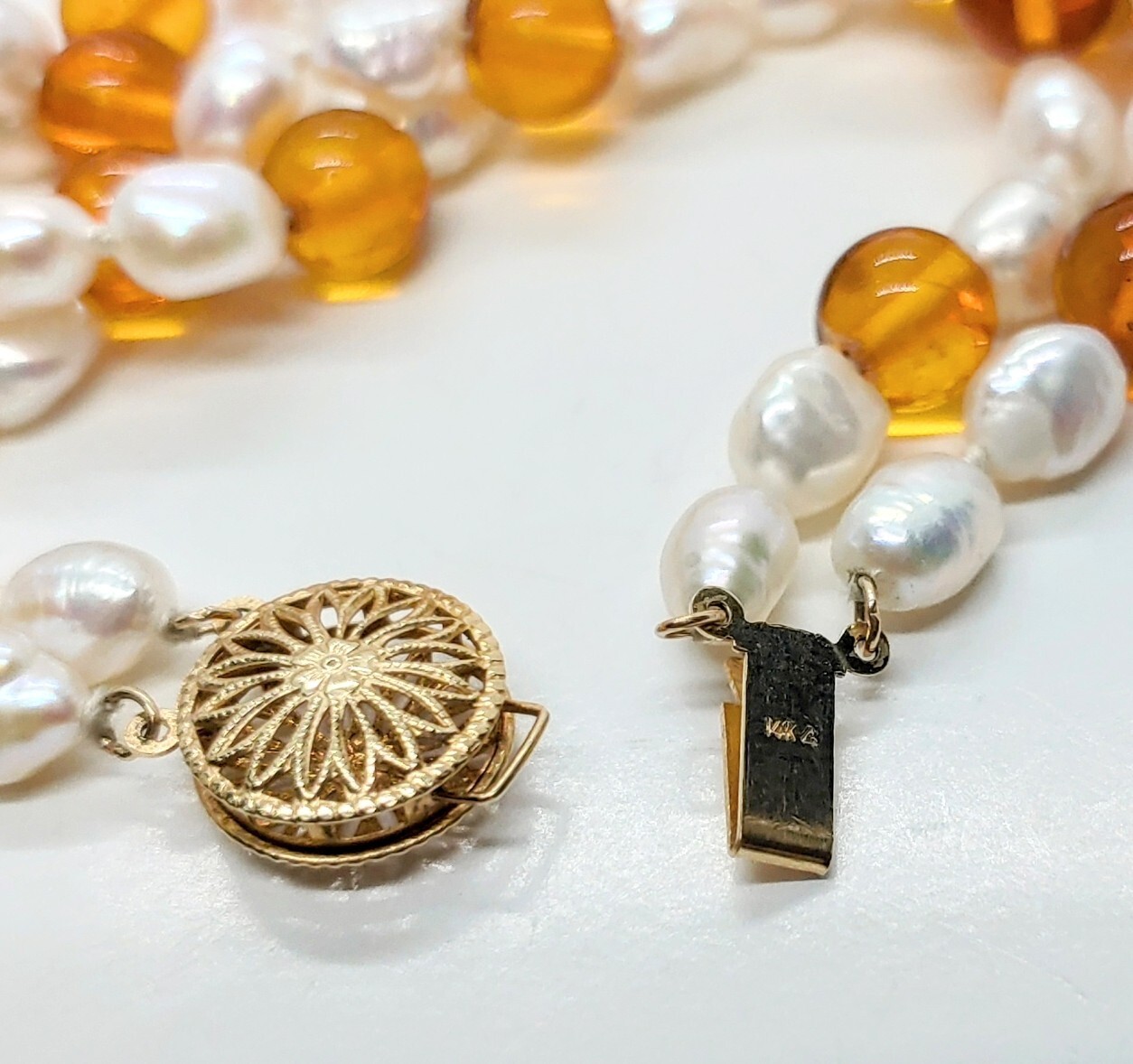 14k Gold Honey Amber Pearls Double Necklace 24″ 14k Removable Antique Pendant